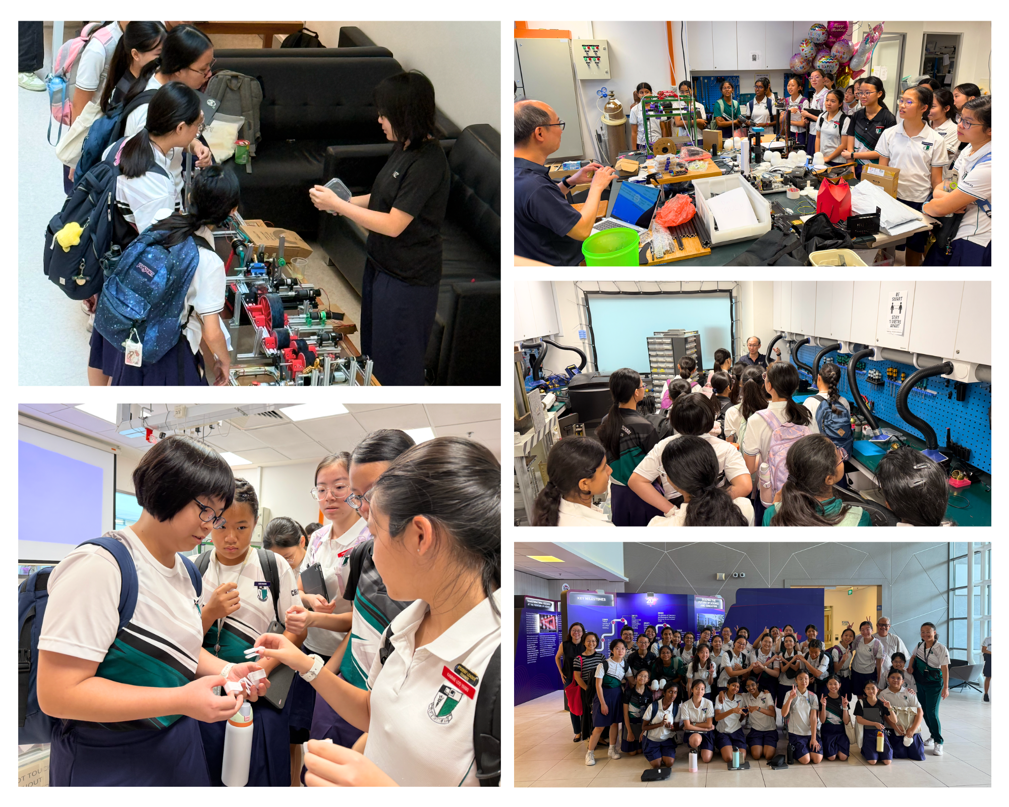 A photo collage of students observing robotics models, and at robotics laboratories listening to a facilitator.